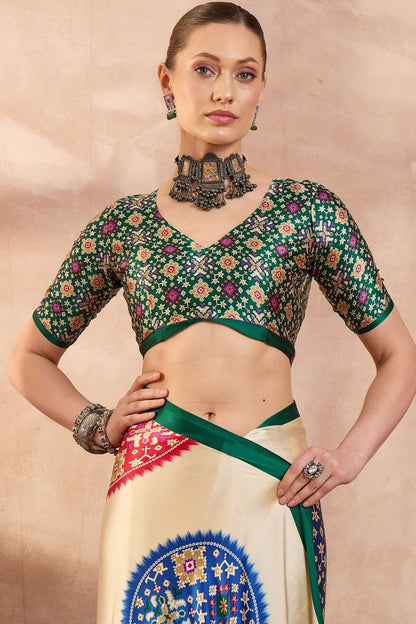Glorious Beige Ajrakh Printed Semi Modal Silk Saree With Cynosure Blouse Piece
