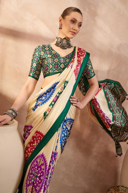 Glorious Beige Ajrakh Printed Semi Modal Silk Saree With Cynosure Blouse Piece