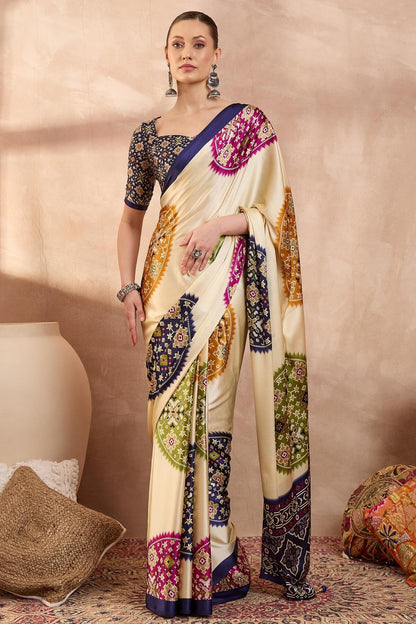Staring Beige Ajrakh Printed Semi Modal Silk Saree With Impressive Blouse Piece