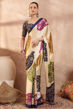 Staring Beige Ajrakh Printed Semi Modal Silk Saree With Impressive Blouse Piece