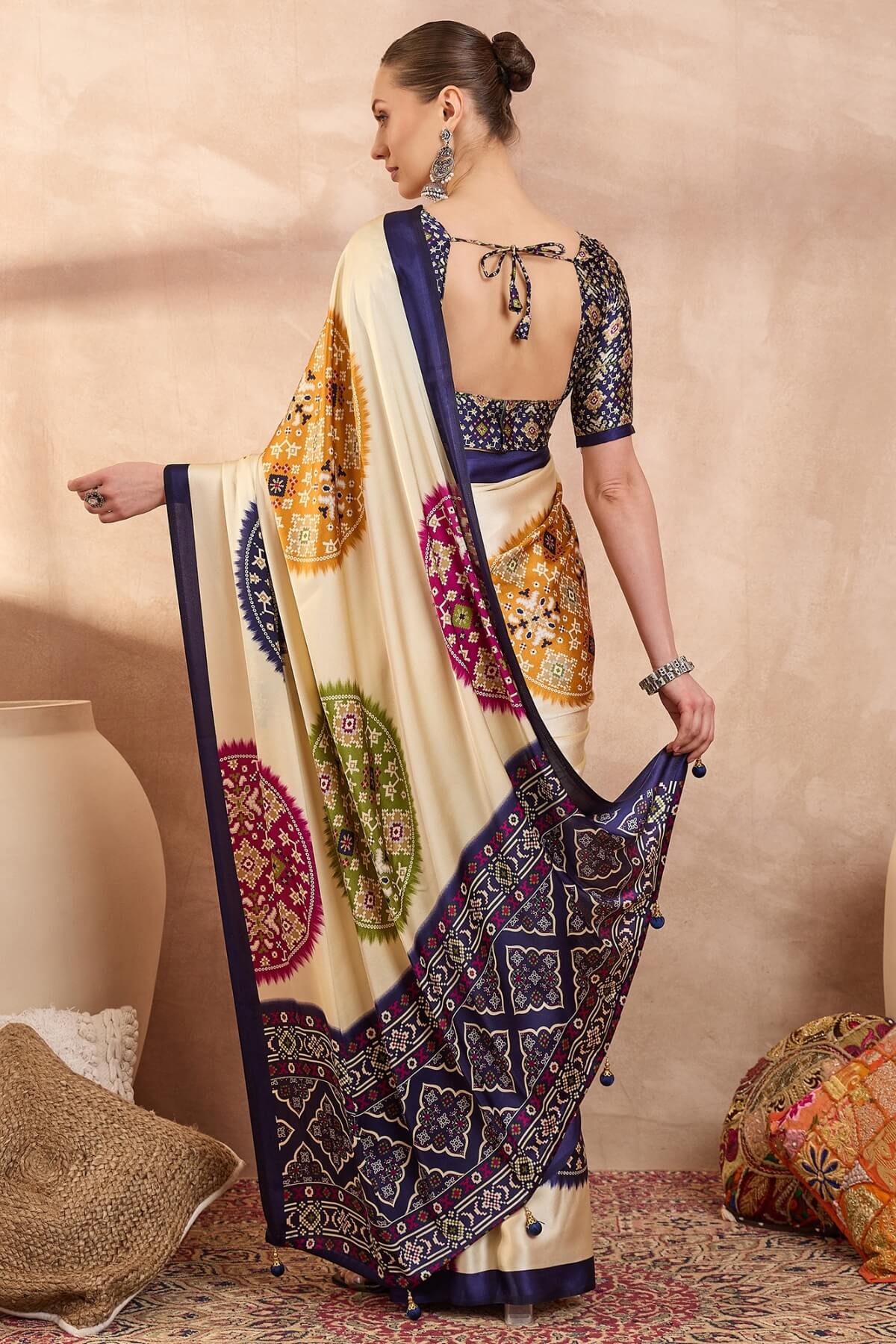 Staring Beige Ajrakh Printed Semi Modal Silk Saree With Impressive Blouse Piece