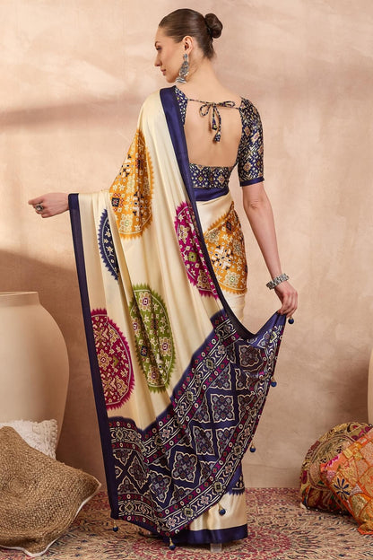 Staring Beige Ajrakh Printed Semi Modal Silk Saree With Impressive Blouse Piece