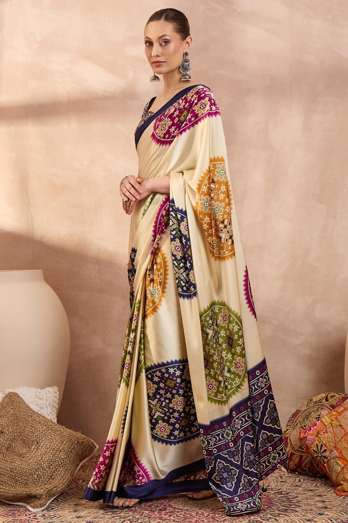 Staring Beige Ajrakh Printed Semi Modal Silk Saree With Impressive Blouse Piece