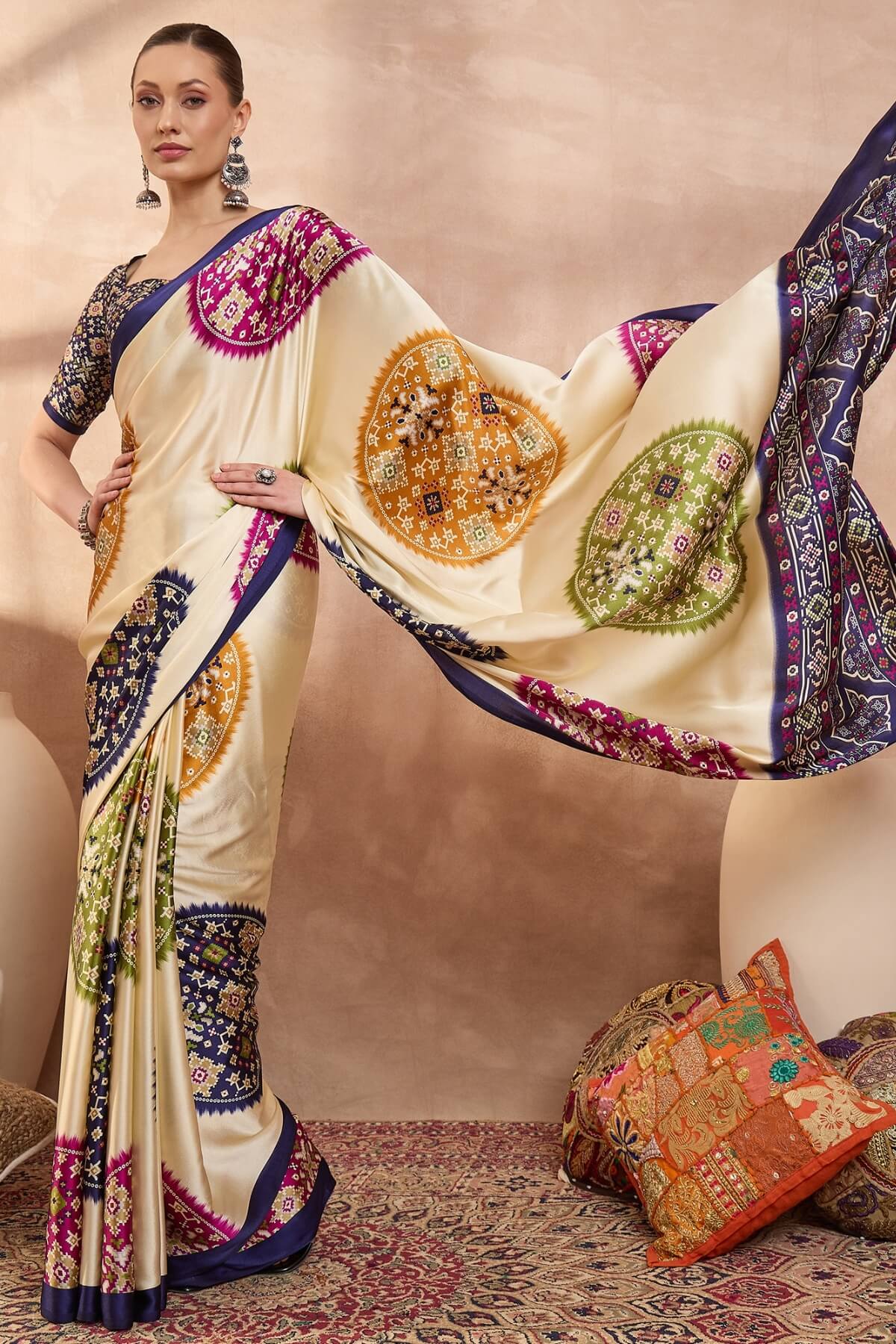 Staring Beige Ajrakh Printed Semi Modal Silk Saree With Impressive Blouse Piece
