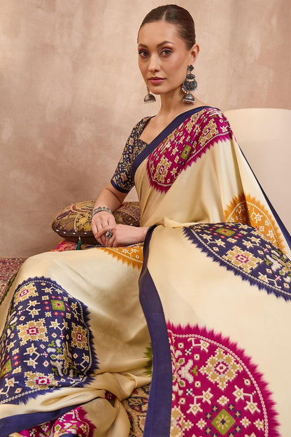 Staring Beige Ajrakh Printed Semi Modal Silk Saree With Impressive Blouse Piece