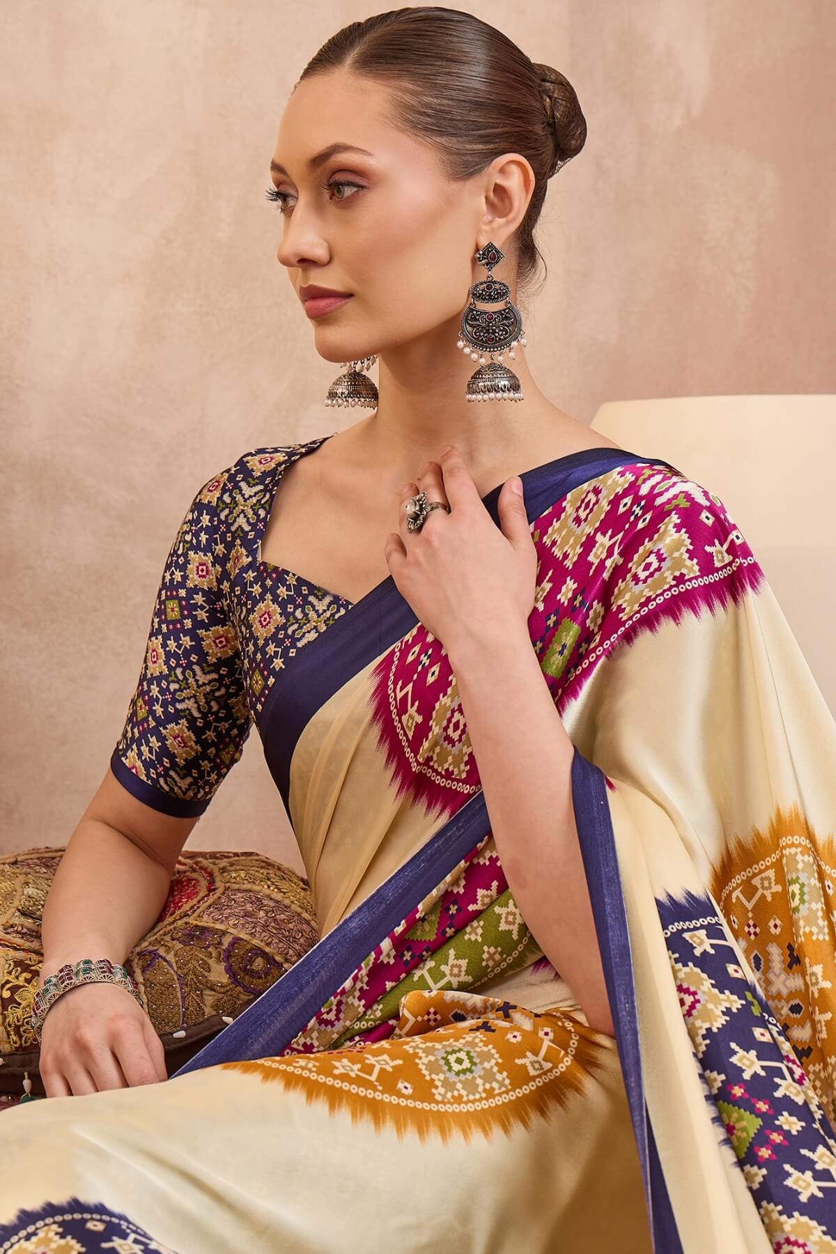Staring Beige Ajrakh Printed Semi Modal Silk Saree With Impressive Blouse Piece