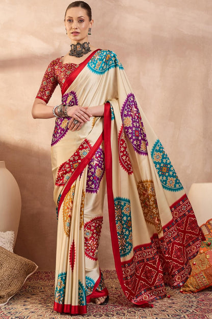 Conflate Beige Ajrakh Printed Semi Modal Silk Saree With Tantalizing Blouse Piece