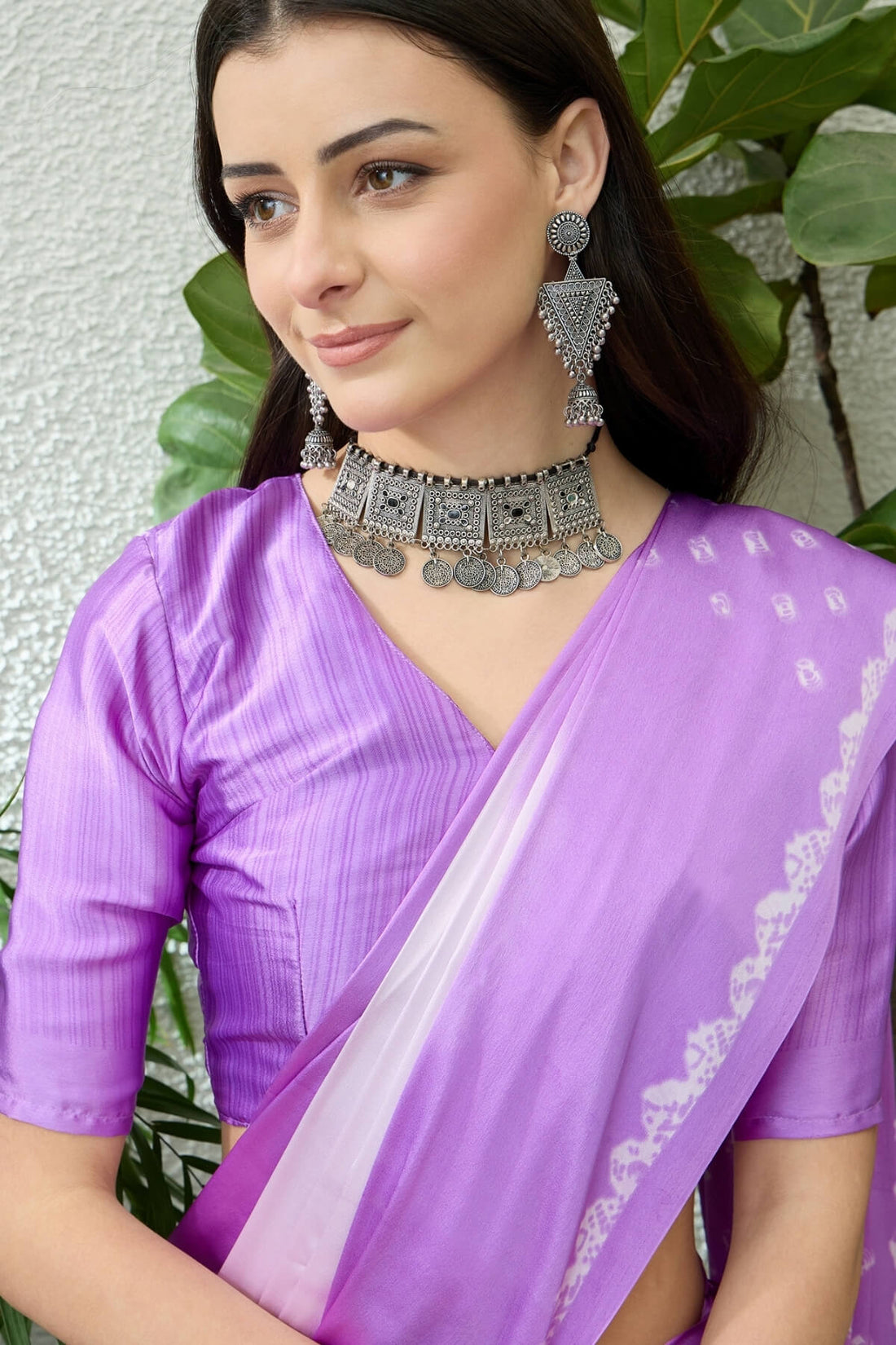 Scrupulous Lavender Digital Printed Satin Silk Saree With Cynosure Blouse Piece