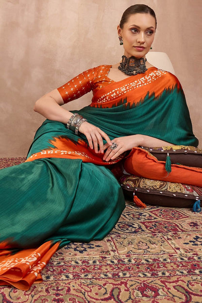 Rhapsody Rama Ajrakh Printed Semi Modal Silk Saree With Staggering Blouse Piece