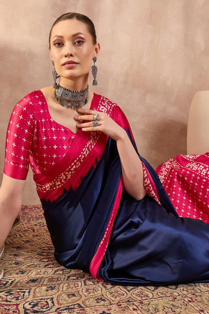Confounding Navy Blue Ajrakh Printed Semi Modal Silk Saree With Panoply Blouse Piece