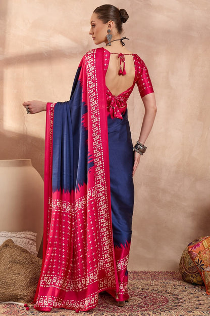 Confounding Navy Blue Ajrakh Printed Semi Modal Silk Saree With Panoply Blouse Piece