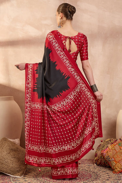 Artistic Black Ajrakh Printed Semi Modal Silk Saree With Prodigal Blouse Piece