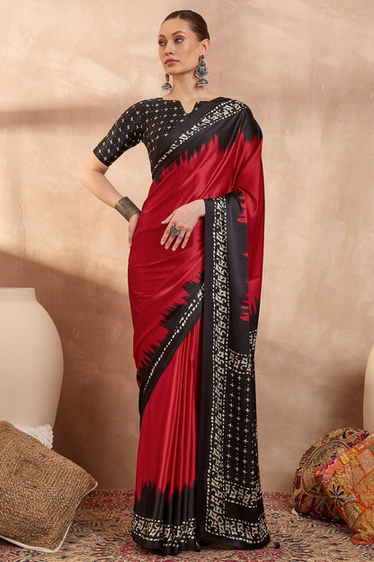 Improbable Red Ajrakh Printed Semi Modal Silk Saree With Demure Blouse Piece
