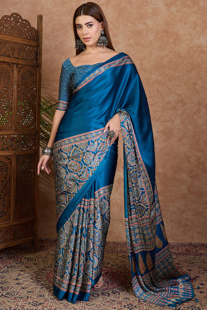 Delectable Rama Ajrakh Printed Semi Modal Silk Saree With Classic Blouse Piece