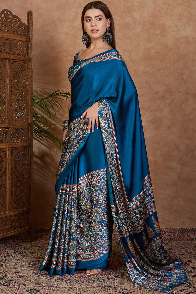 Delectable Rama Ajrakh Printed Semi Modal Silk Saree With Classic Blouse Piece