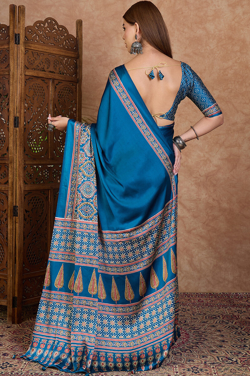 Delectable Rama Ajrakh Printed Semi Modal Silk Saree With Classic Blouse Piece