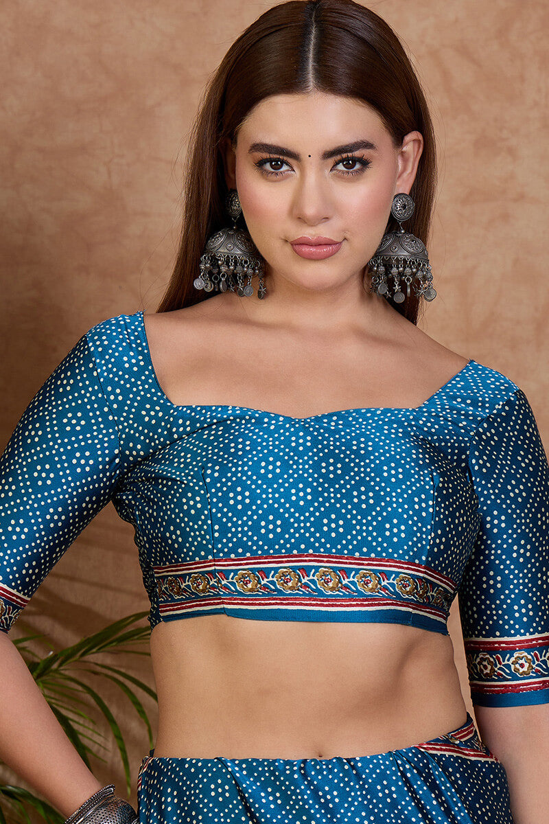 Delectable Rama Ajrakh Printed Semi Modal Silk Saree With Classic Blouse Piece