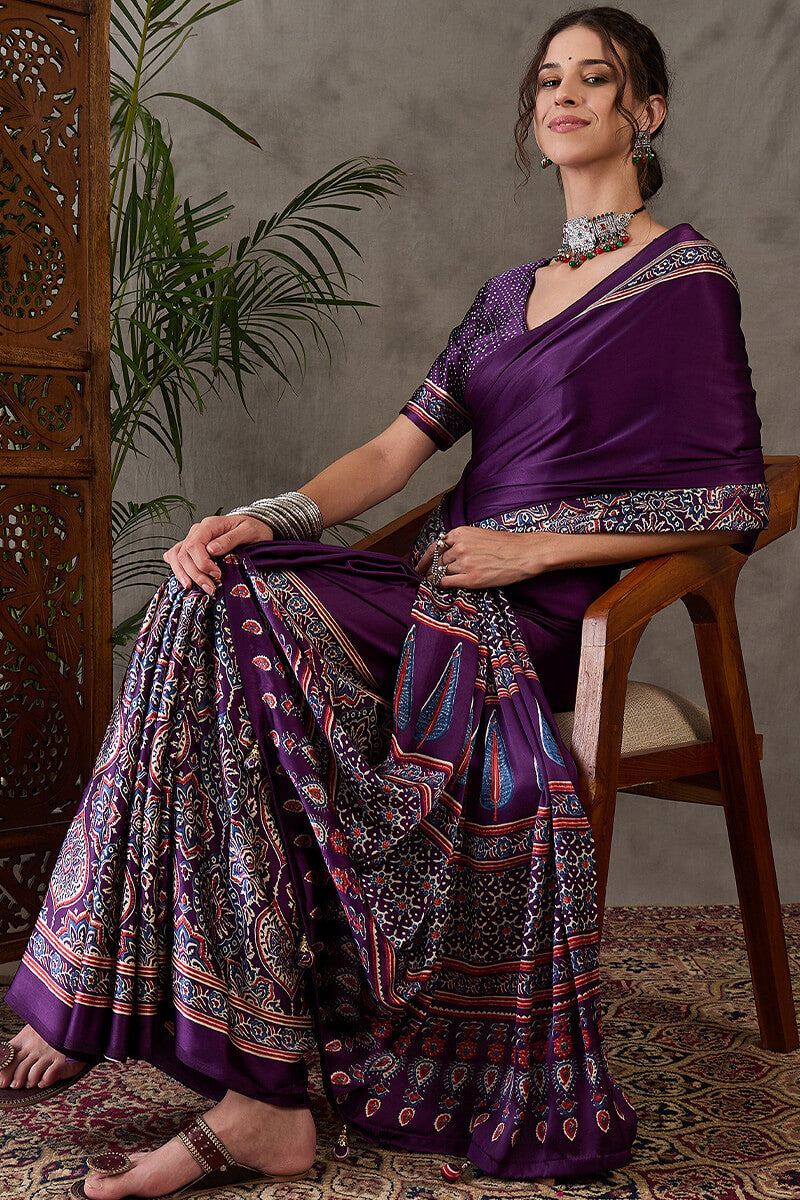 Quintessential Purple Ajrakh Printed Semi Modal Silk Saree With Blooming Blouse Piece