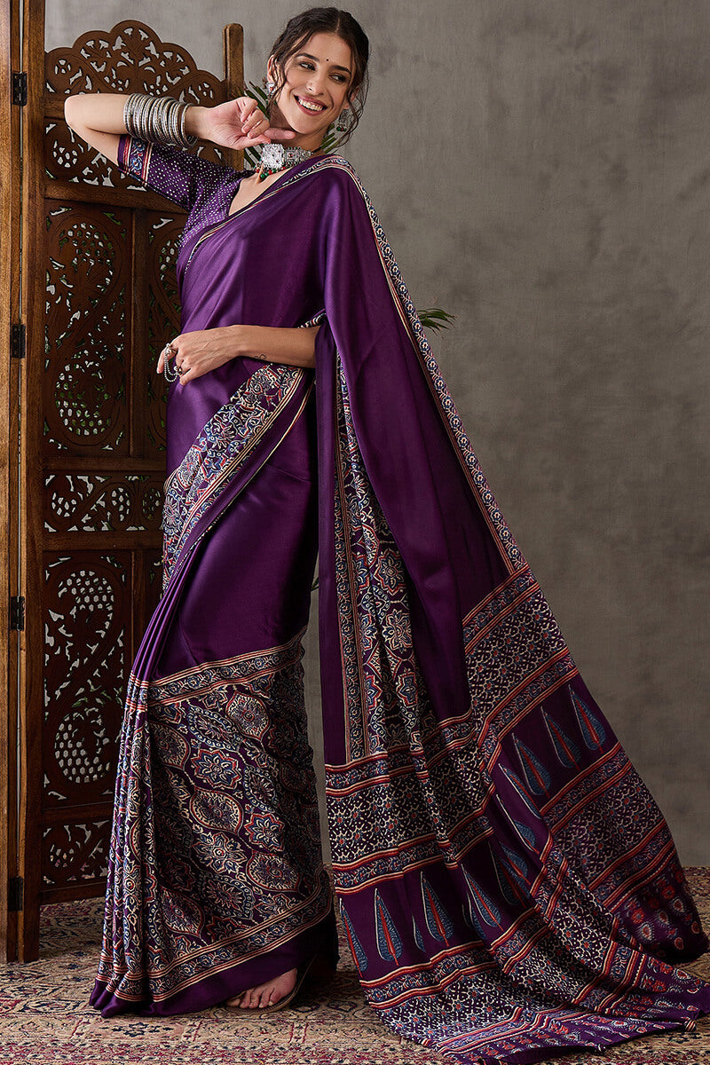 Quintessential Purple Ajrakh Printed Semi Modal Silk Saree With Blooming Blouse Piece