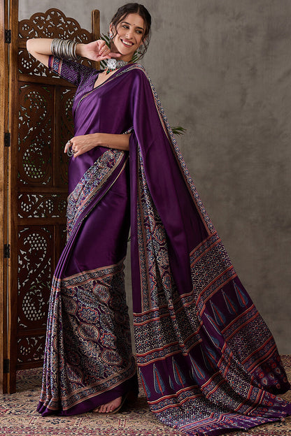 Quintessential Purple Ajrakh Printed Semi Modal Silk Saree With Blooming Blouse Piece