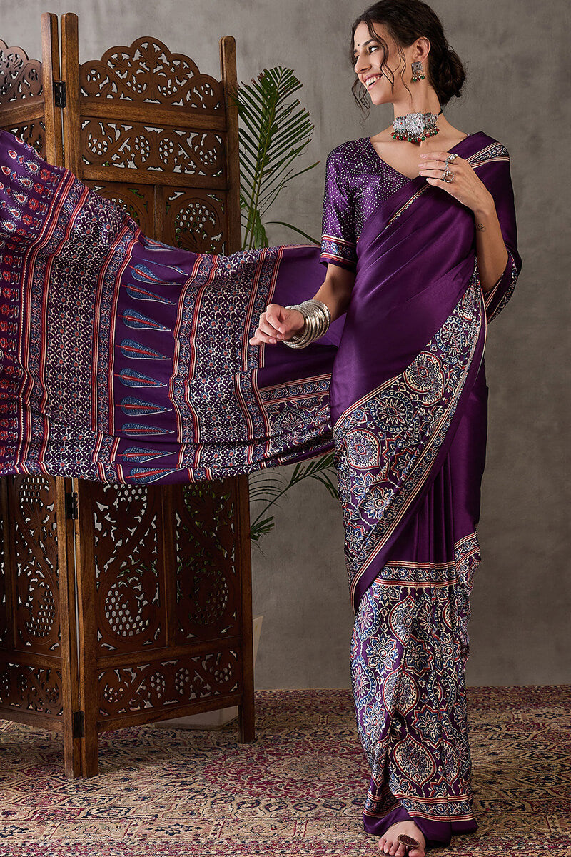 Quintessential Purple Ajrakh Printed Semi Modal Silk Saree With Blooming Blouse Piece