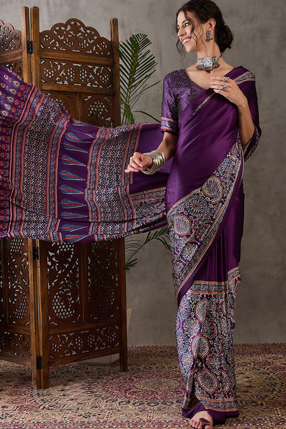 Quintessential Purple Ajrakh Printed Semi Modal Silk Saree With Blooming Blouse Piece
