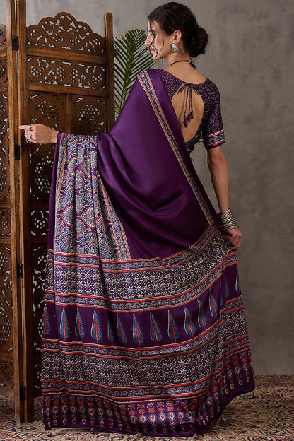 Quintessential Purple Ajrakh Printed Semi Modal Silk Saree With Blooming Blouse Piece