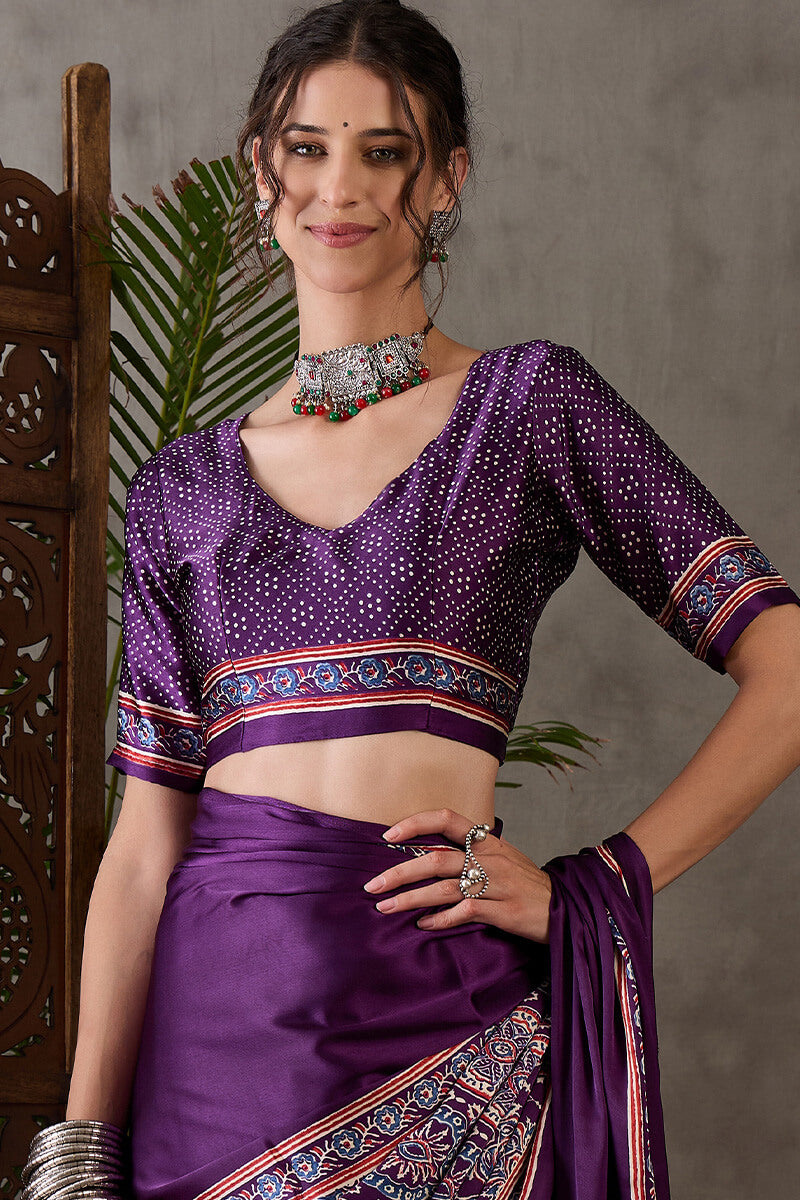Quintessential Purple Ajrakh Printed Semi Modal Silk Saree With Blooming Blouse Piece