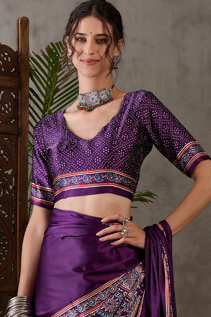 Quintessential Purple Ajrakh Printed Semi Modal Silk Saree With Blooming Blouse Piece