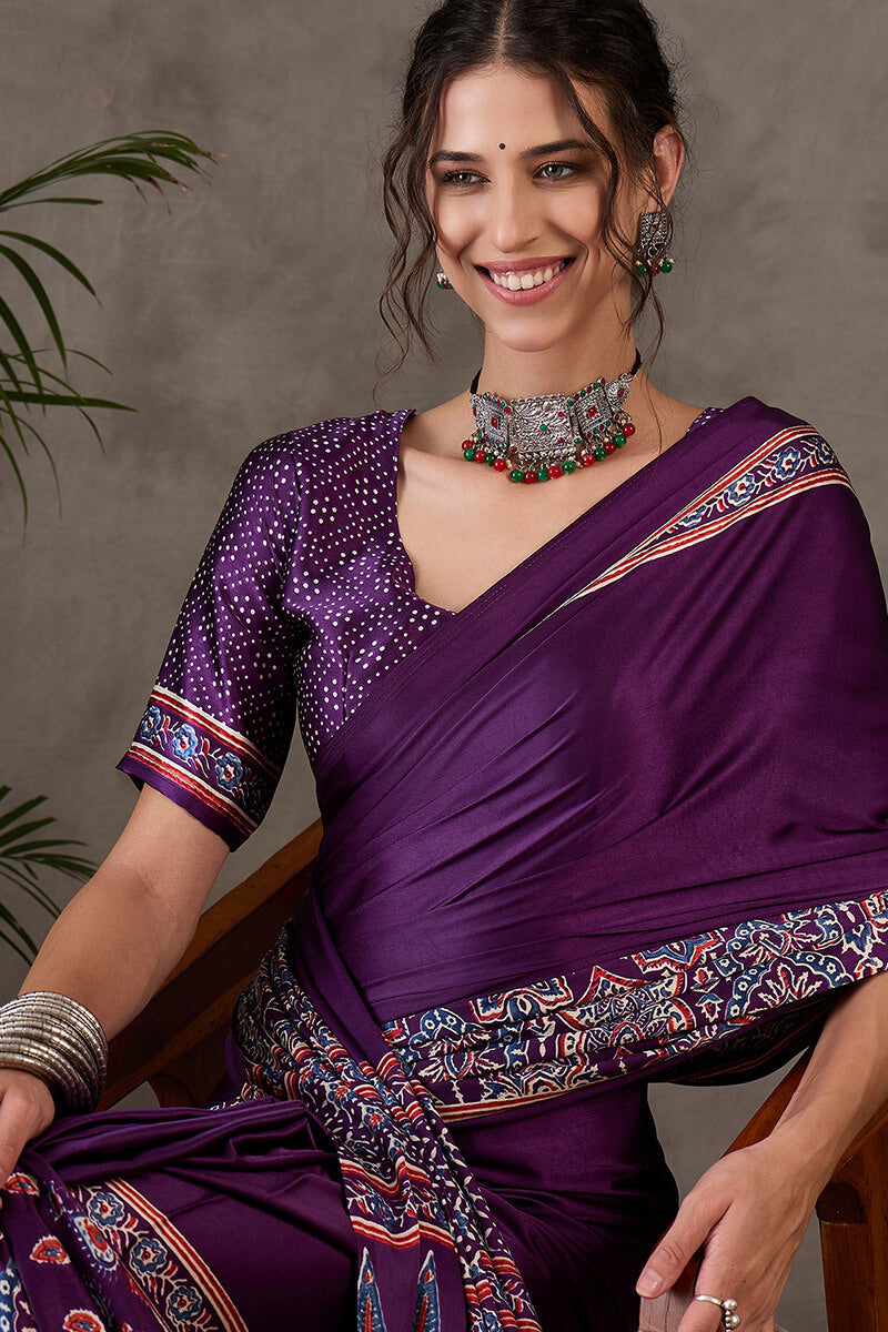 Quintessential Purple Ajrakh Printed Semi Modal Silk Saree With Blooming Blouse Piece