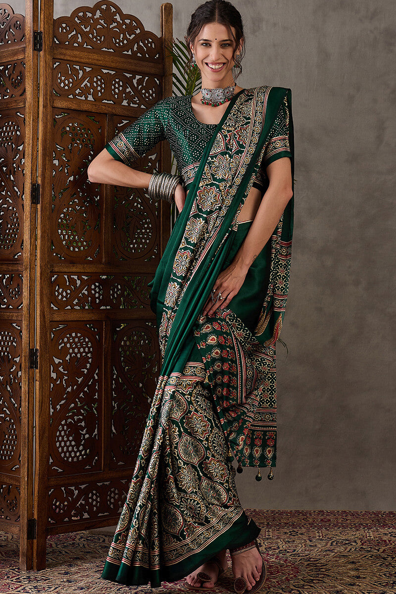 Most Stunning Dark Green Ajrakh Printed Semi Modal Silk Saree With Opulent Blouse Piece