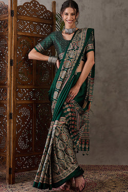 Most Stunning Dark Green Ajrakh Printed Semi Modal Silk Saree With Opulent Blouse Piece