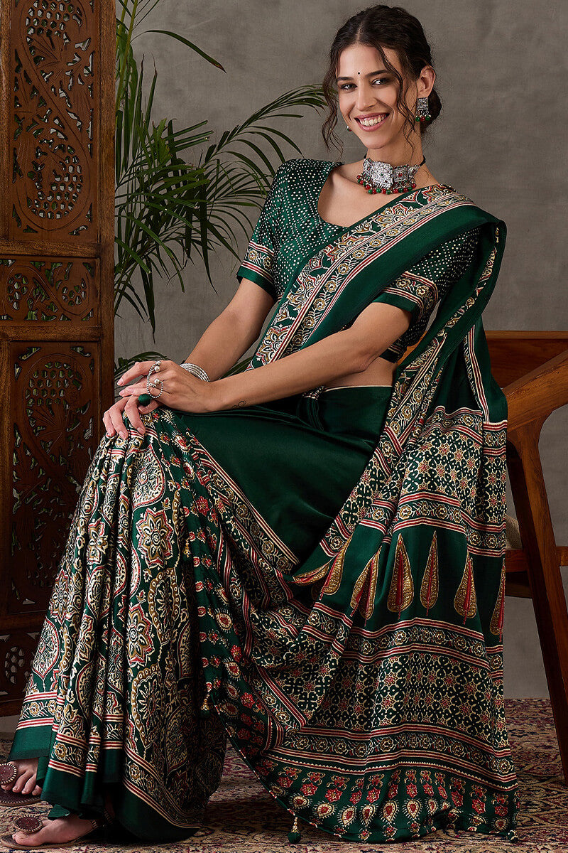 Most Stunning Dark Green Ajrakh Printed Semi Modal Silk Saree With Opulent Blouse Piece