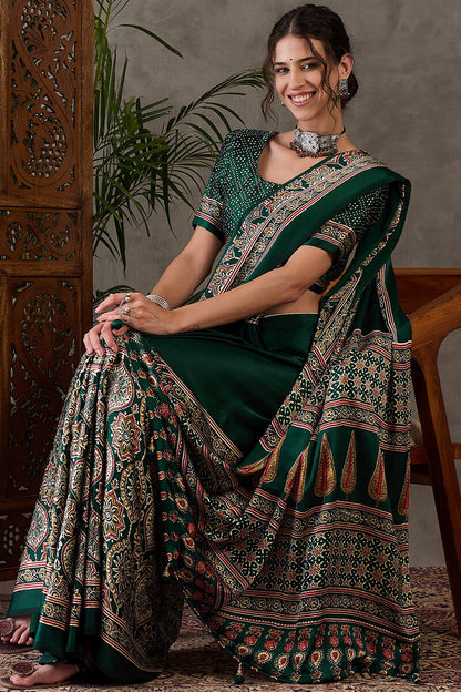 Most Stunning Dark Green Ajrakh Printed Semi Modal Silk Saree With Opulent Blouse Piece