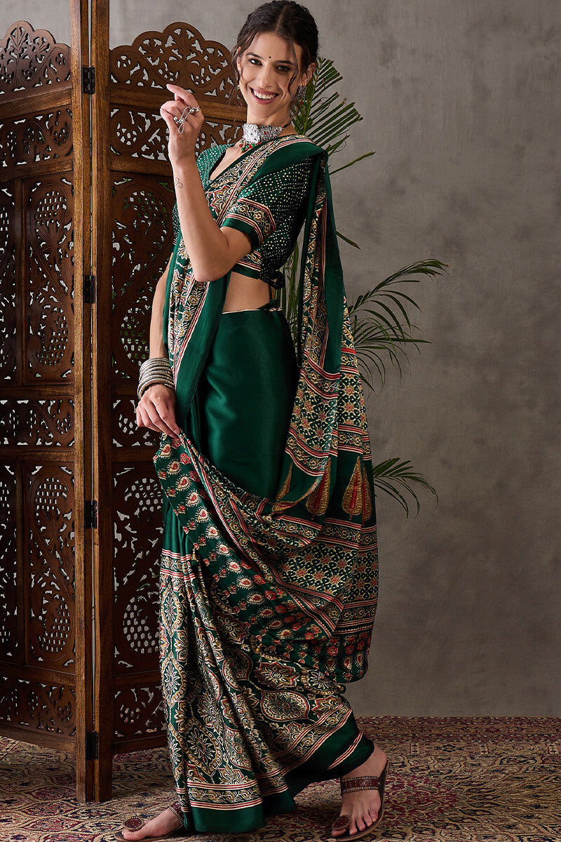 Most Stunning Dark Green Ajrakh Printed Semi Modal Silk Saree With Opulent Blouse Piece