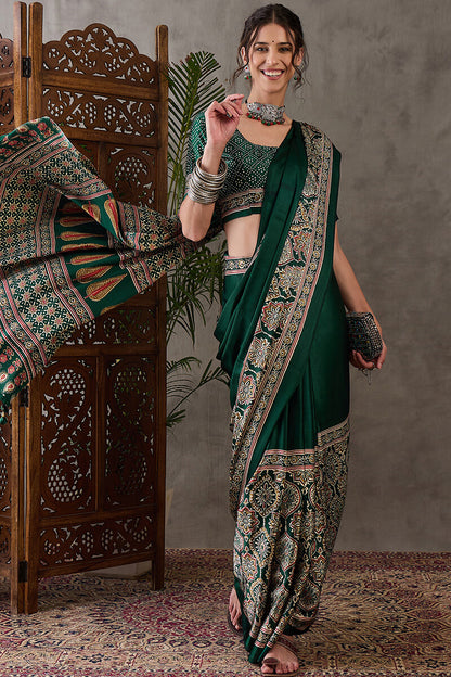 Most Stunning Dark Green Ajrakh Printed Semi Modal Silk Saree With Opulent Blouse Piece