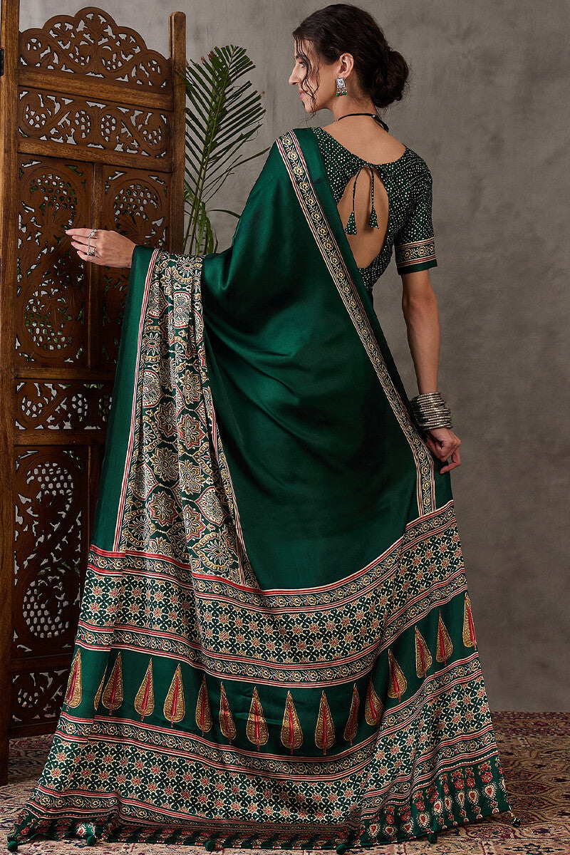 Most Stunning Dark Green Ajrakh Printed Semi Modal Silk Saree With Opulent Blouse Piece