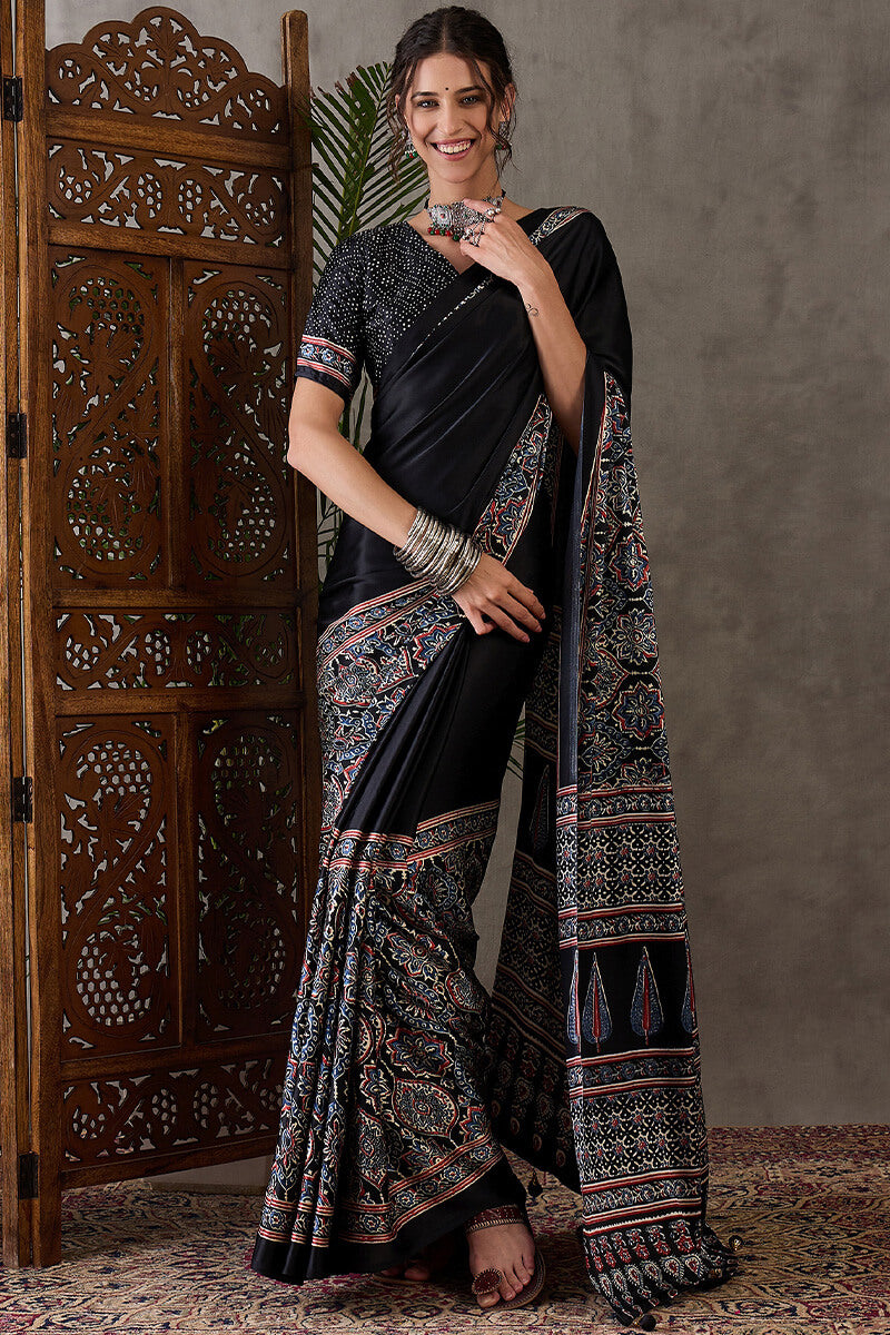 Prettiest Black Ajrakh Printed Semi Modal Silk Saree With Allure Blouse Piece