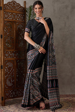 Prettiest Black Ajrakh Printed Semi Modal Silk Saree With Allure Blouse Piece