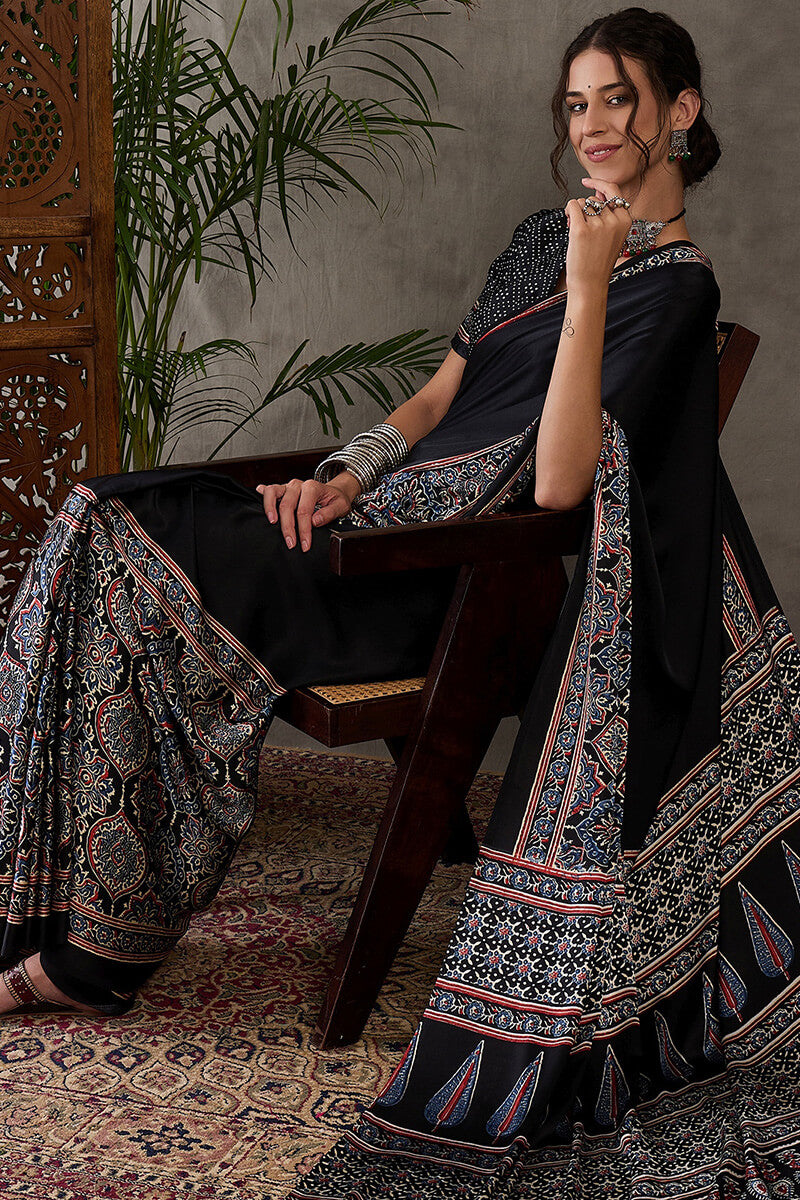 Prettiest Black Ajrakh Printed Semi Modal Silk Saree With Allure Blouse Piece