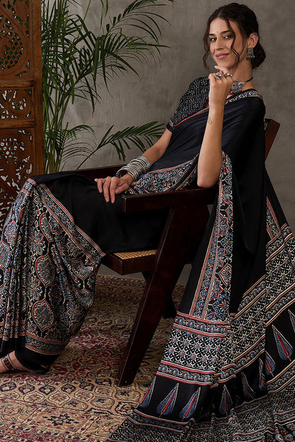 Prettiest Black Ajrakh Printed Semi Modal Silk Saree With Allure Blouse Piece