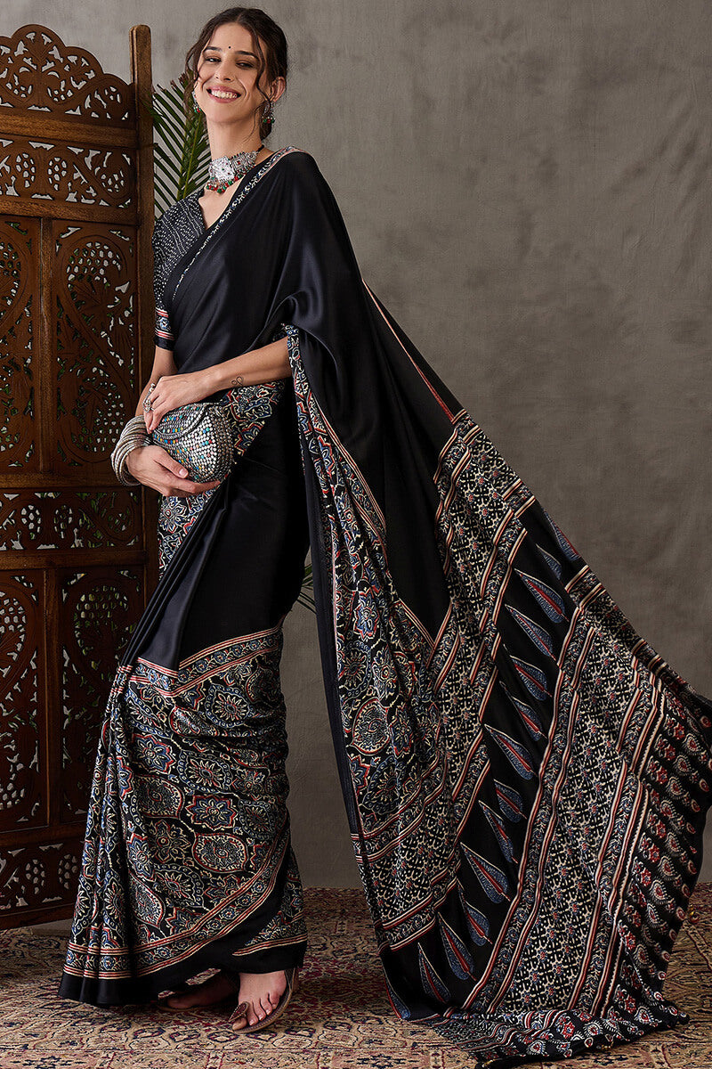 Prettiest Black Ajrakh Printed Semi Modal Silk Saree With Allure Blouse Piece