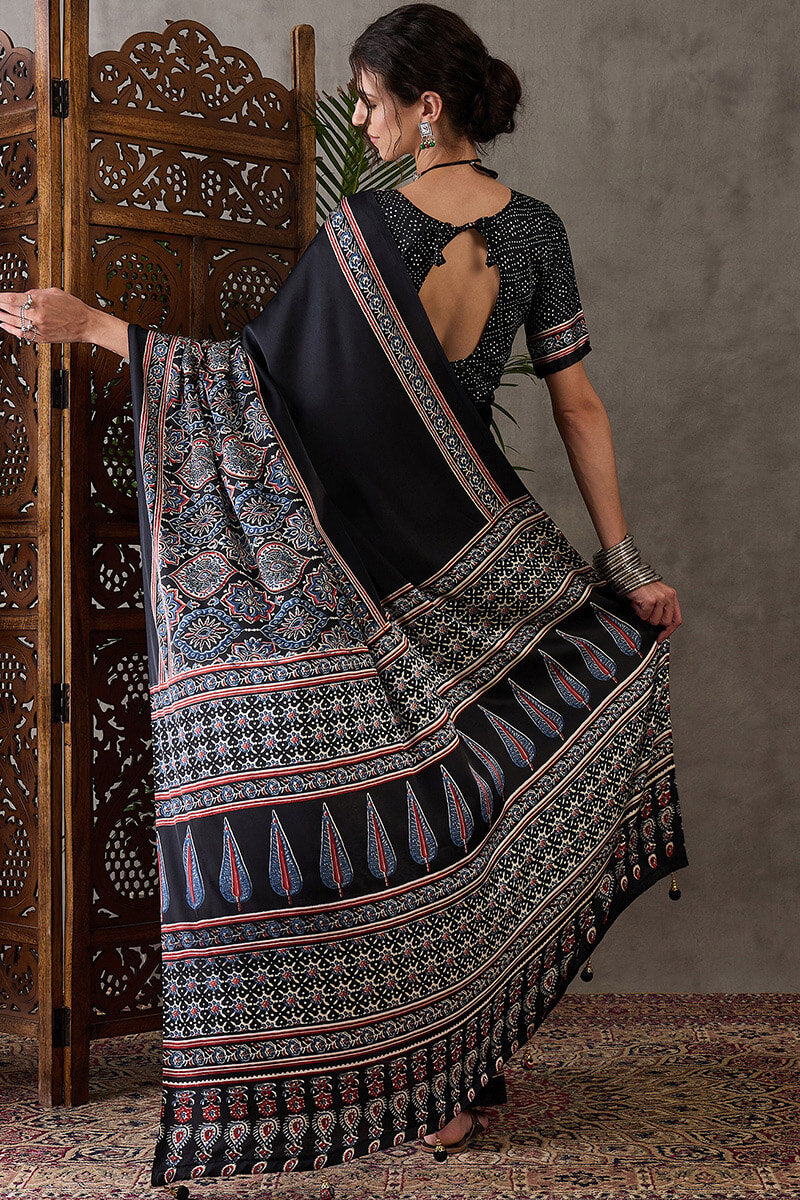 Prettiest Black Ajrakh Printed Semi Modal Silk Saree With Allure Blouse Piece