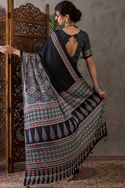 Prettiest Black Ajrakh Printed Semi Modal Silk Saree With Allure Blouse Piece