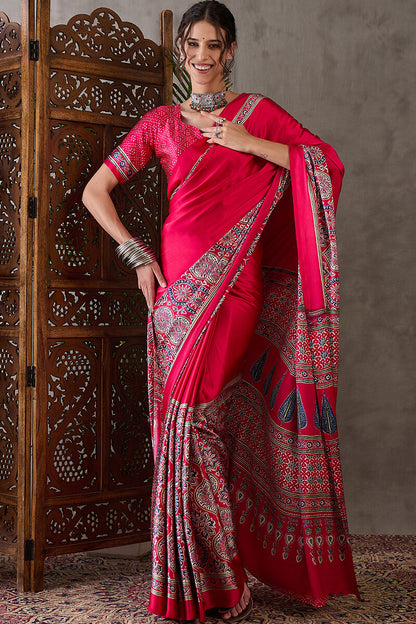 Magnetic Dark Pink Ajrakh Printed Semi Modal Silk Saree With Classy Blouse Piece