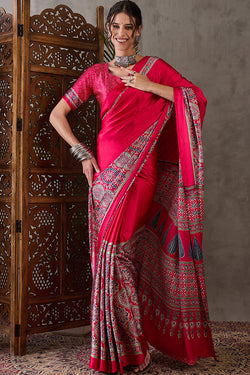 Magnetic Dark Pink Ajrakh Printed Semi Modal Silk Saree With Classy Blouse Piece