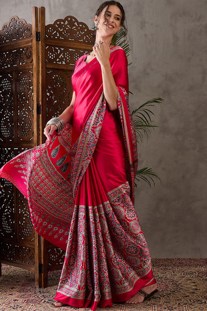 Magnetic Dark Pink Ajrakh Printed Semi Modal Silk Saree With Classy Blouse Piece