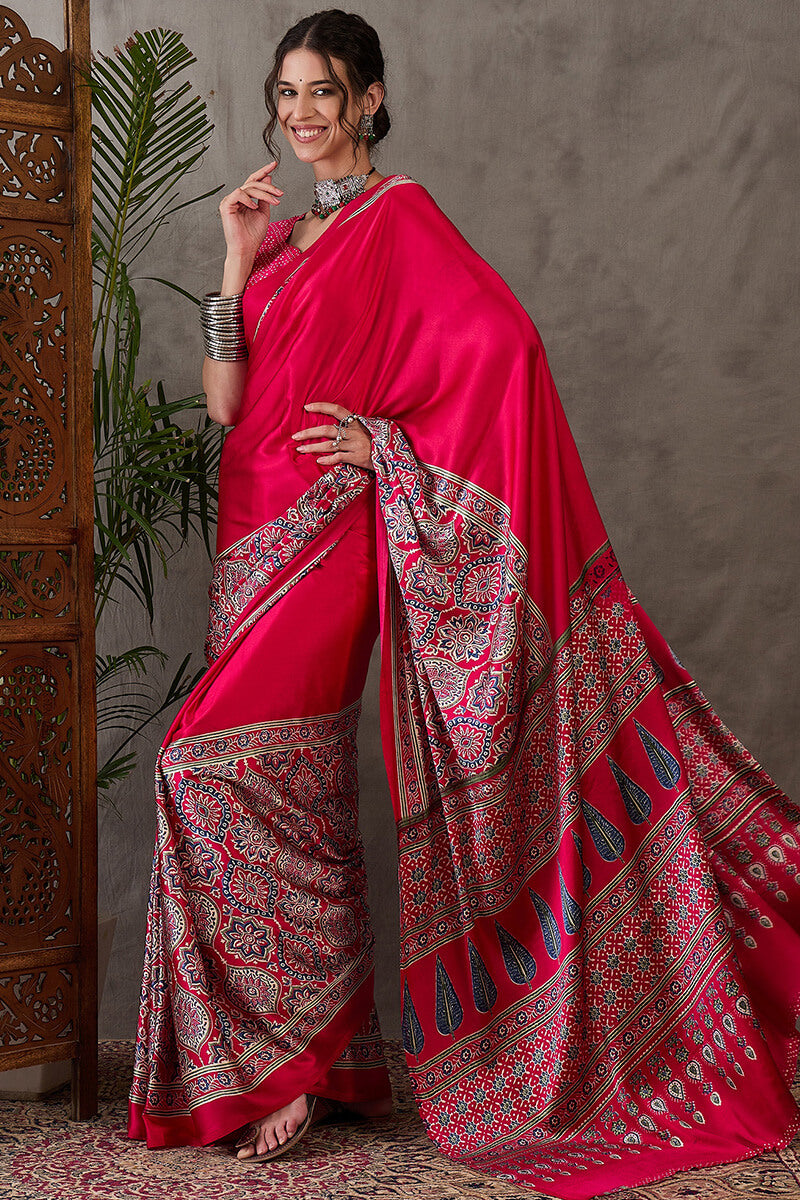 Magnetic Dark Pink Ajrakh Printed Semi Modal Silk Saree With Classy Blouse Piece