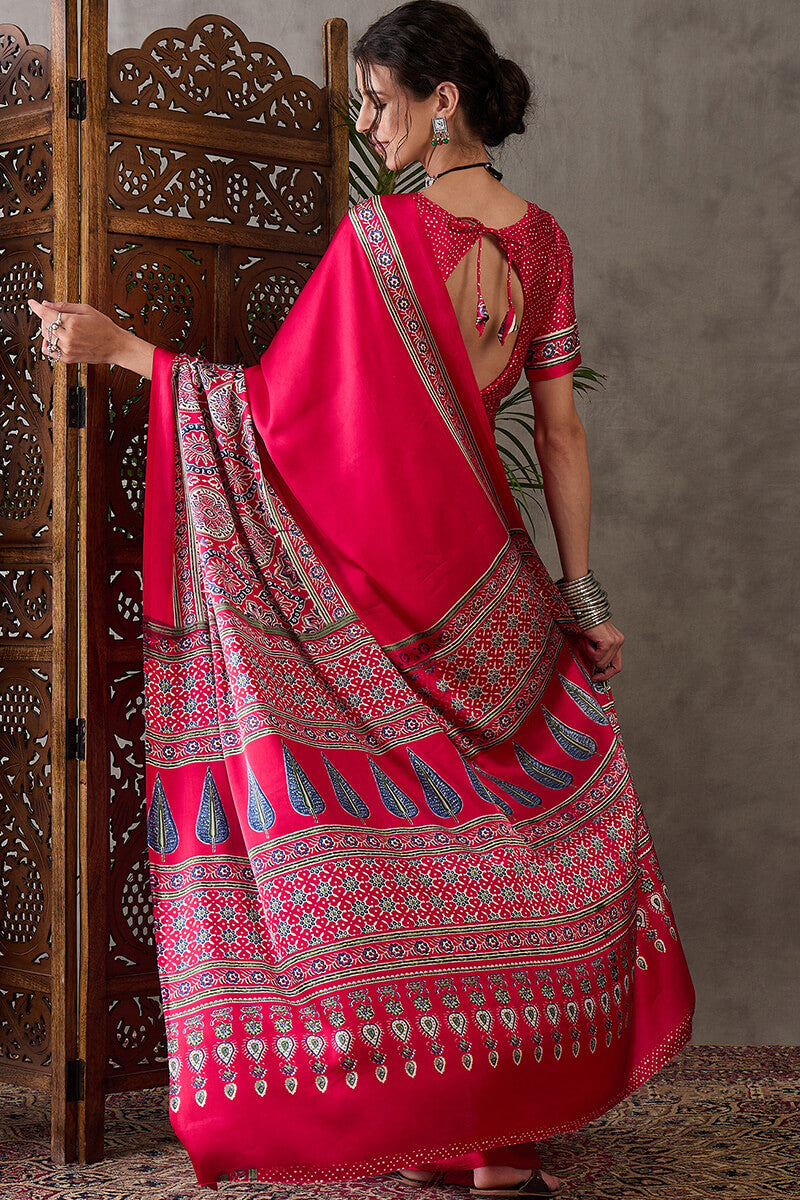Magnetic Dark Pink Ajrakh Printed Semi Modal Silk Saree With Classy Blouse Piece
