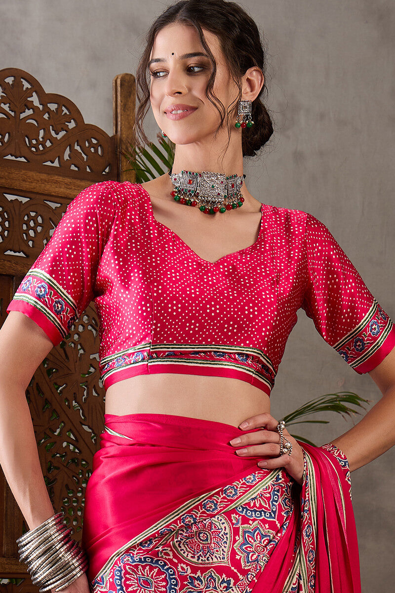 Magnetic Dark Pink Ajrakh Printed Semi Modal Silk Saree With Classy Blouse Piece